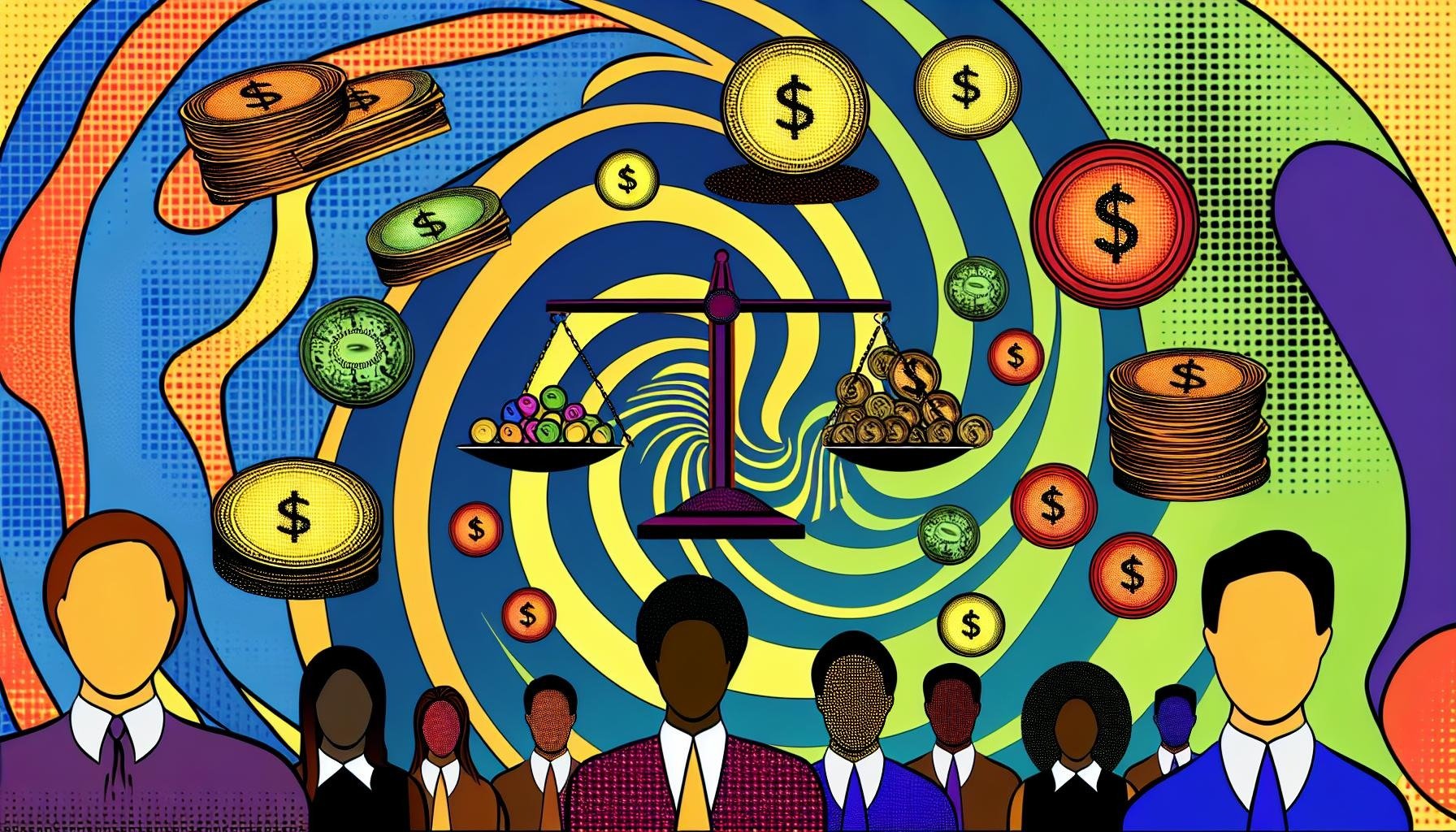 Graphic of people with money and scale floating overhead
